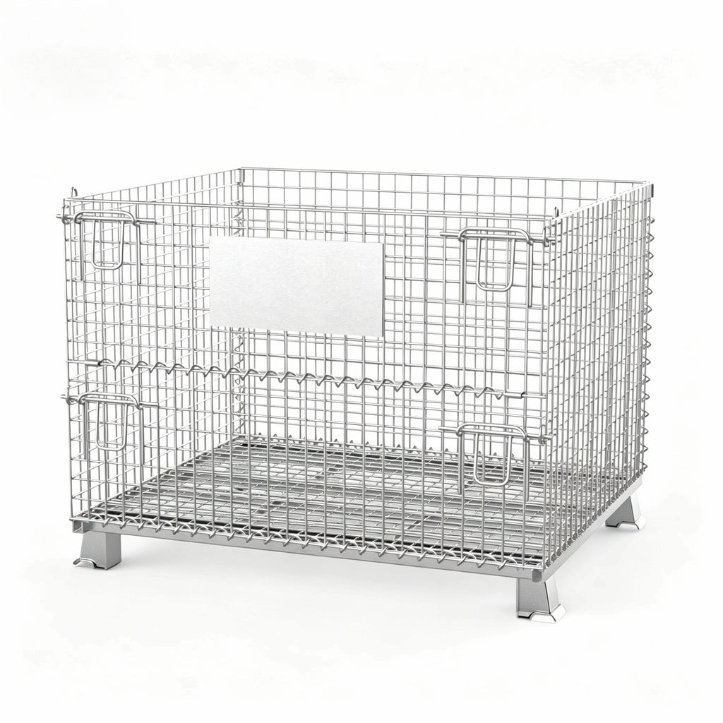 Collapsible Galvanized Wire Mesh Container | Stackable Metal Storage Stillage Cage Warehouse Pallet Bin with Front Gate