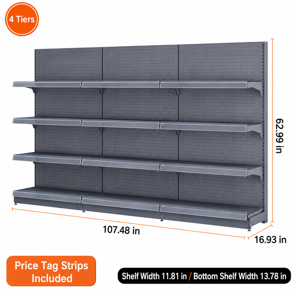 Black gray four-tier wall gondola shelving, 107.48-inch-wide dimension diagram