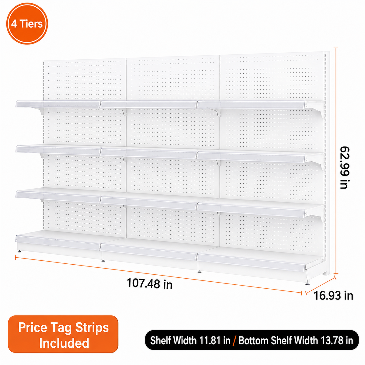 White four-tier pegboard wall shelving, 107.48-inch-wide dimension diagram