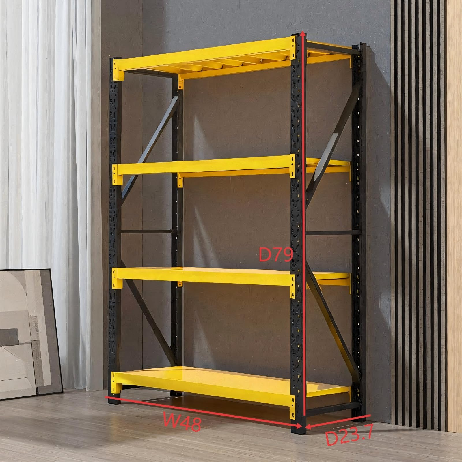 4-Tier Heavy Duty Teardrop Industrial Steel Shelving Unit, Black & Yellow Adjustable Warehouse Storage Rack with Steel Deck Panels