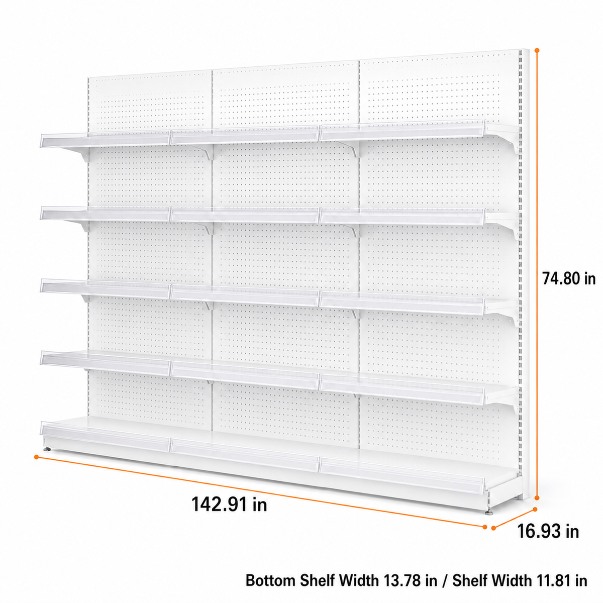 White five-tier pegboard wall shelving, 142.91-inch-wide dimension diagram