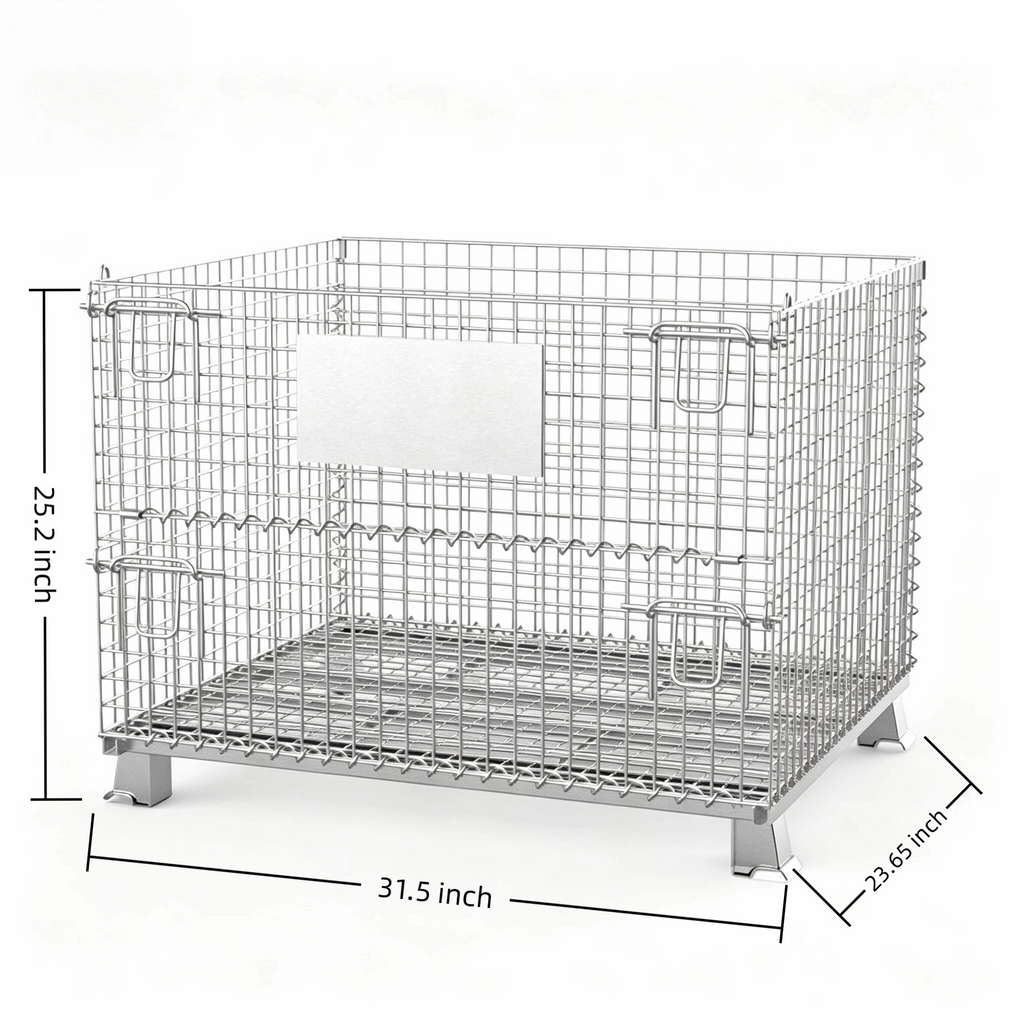 Collapsible Galvanized Wire Mesh Container | Stackable Metal Storage Stillage Cage Warehouse Pallet Bin with Front Gate