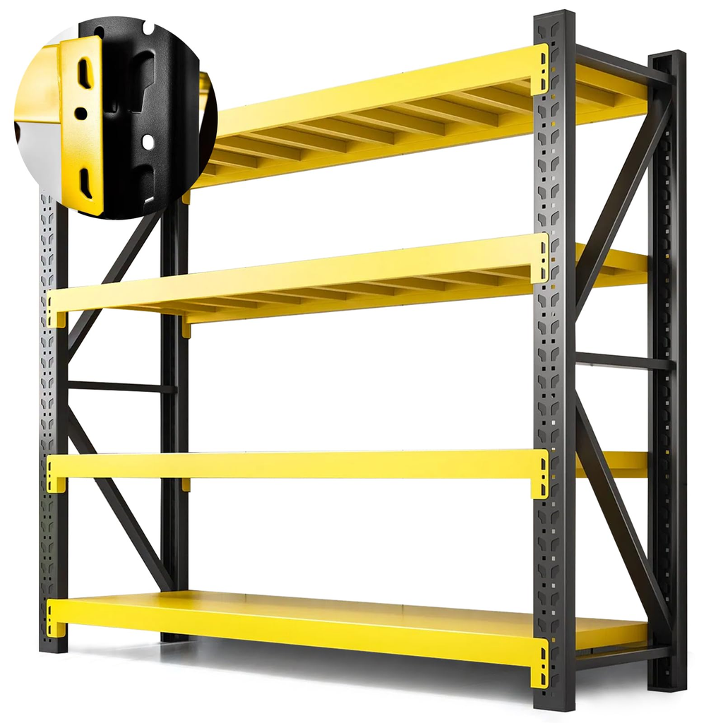 4-Tier Heavy Duty Teardrop Industrial Steel Shelving Unit, Black & Yellow Adjustable Warehouse Storage Rack with Steel Deck Panels