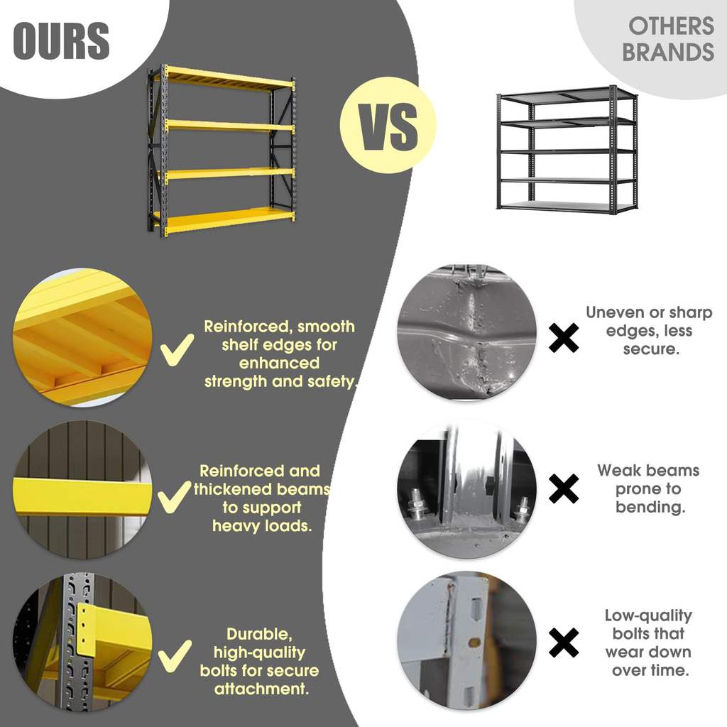 4-Tier Heavy Duty Teardrop Industrial Steel Shelving Unit, Black & Yellow Adjustable Warehouse Storage Rack with Steel Deck Panels