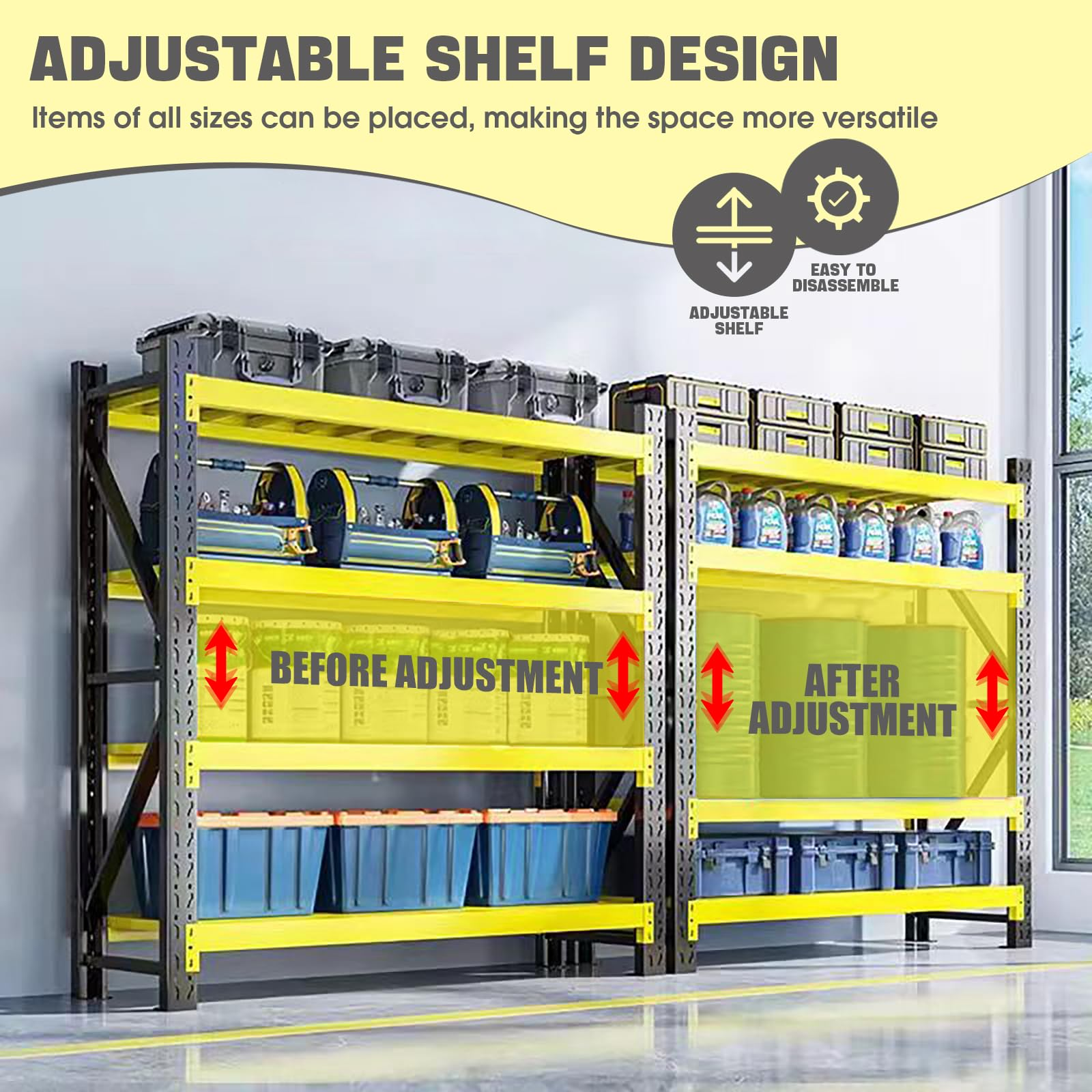 4-Tier Heavy Duty Teardrop Industrial Steel Shelving Unit, Black & Yellow Adjustable Warehouse Storage Rack with Steel Deck Panels