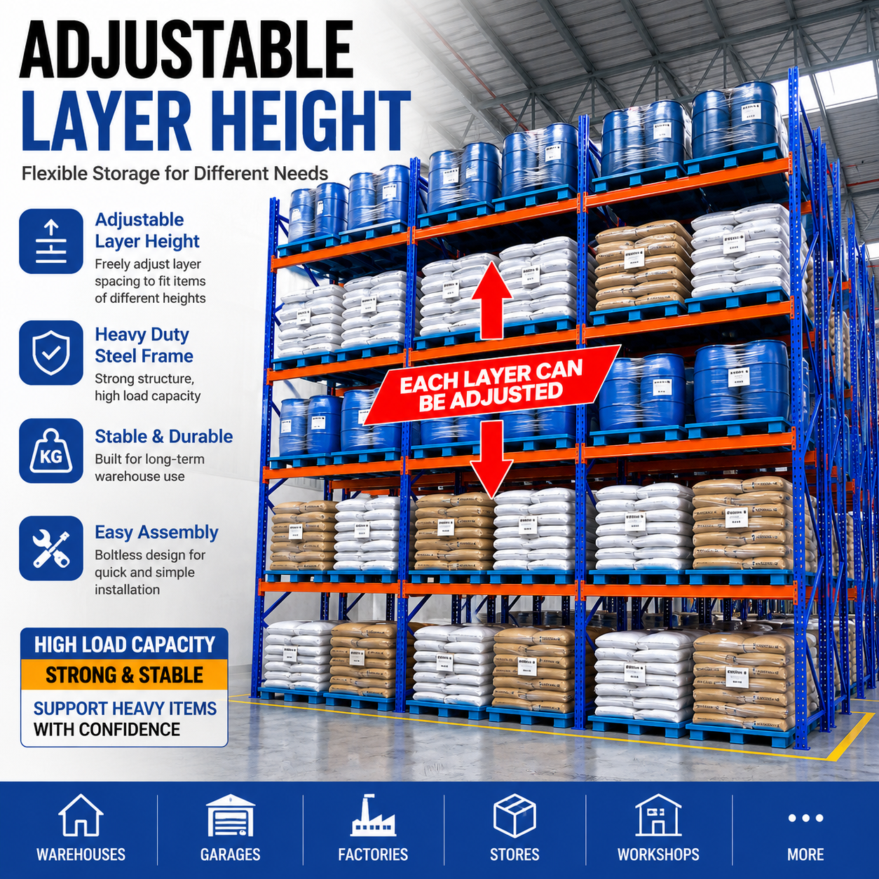 Heavy Duty Selective Pallet Rack, Adjustable Warehouse Steel Pallet Racking Storage System
