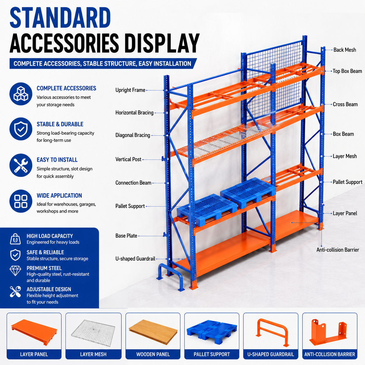 Heavy Duty Selective Pallet Rack, Adjustable Warehouse Steel Pallet Racking Storage System