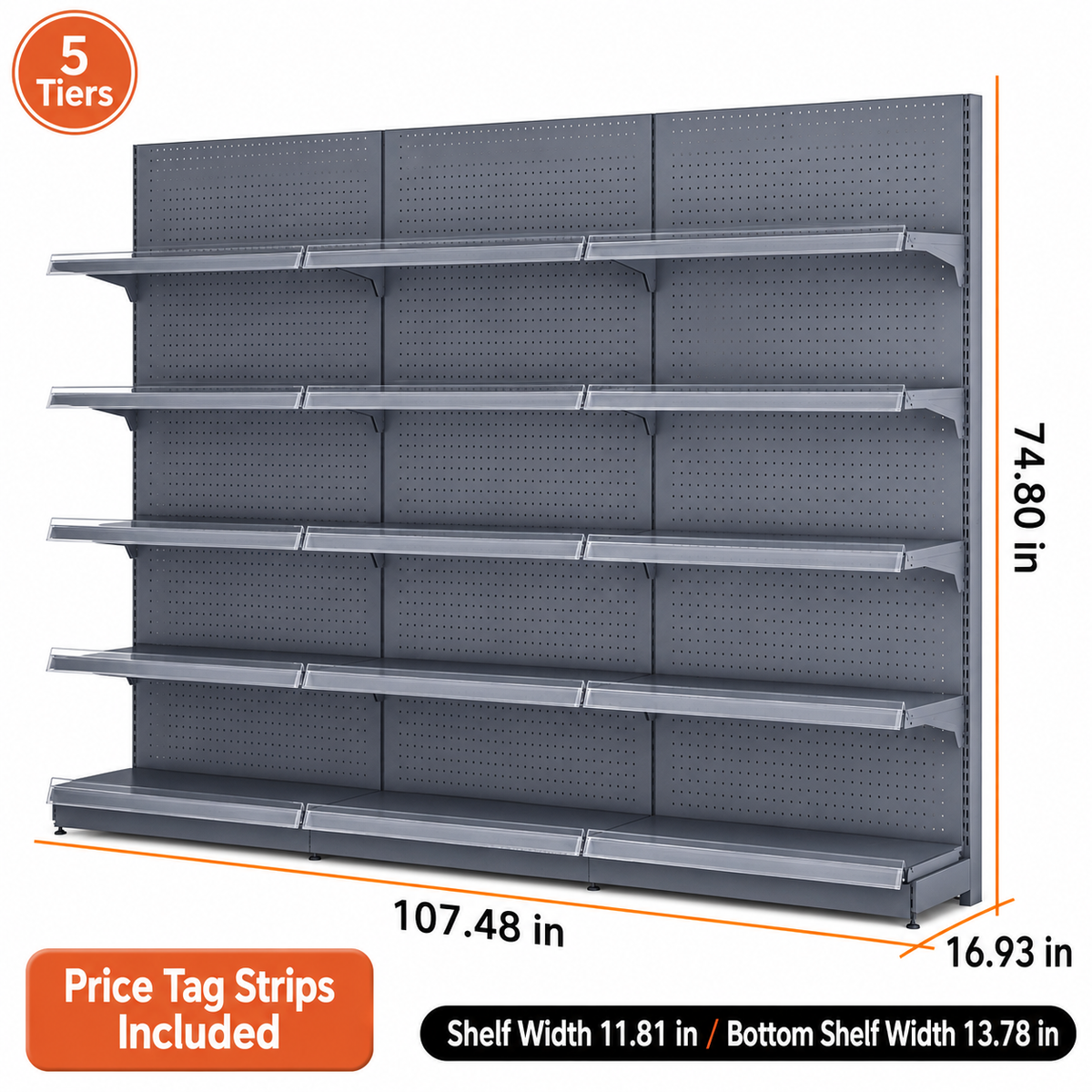 Black gray five-tier wall gondola shelving, 107.48-inch-wide dimension diagram