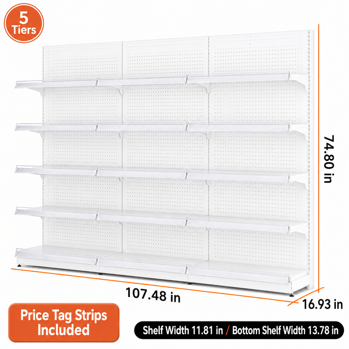 White five-tier pegboard wall shelving, 107.48-inch-wide dimension diagram
