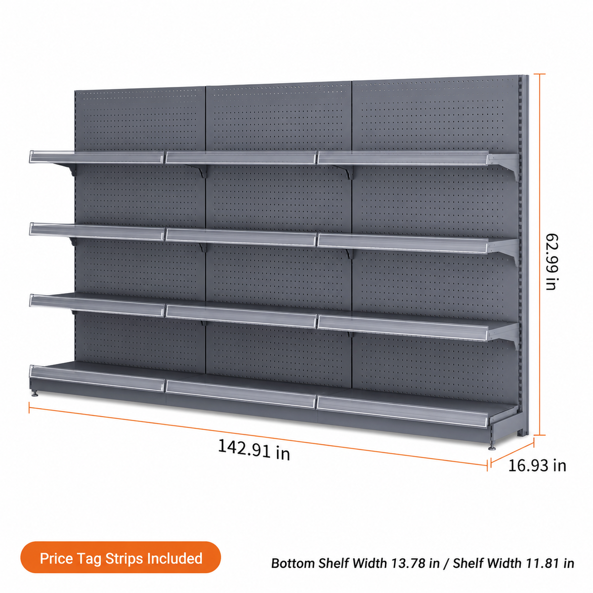 Black gray four-tier wall gondola shelving, 142.91-inch-wide dimension diagram
