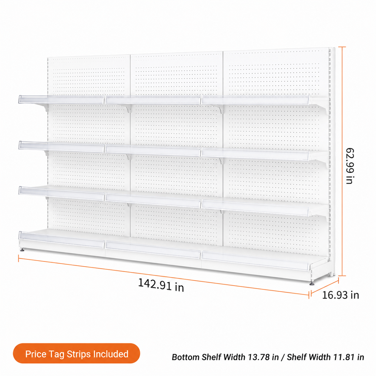 White four-tier pegboard wall shelving, 142.91-inch-wide dimension diagram