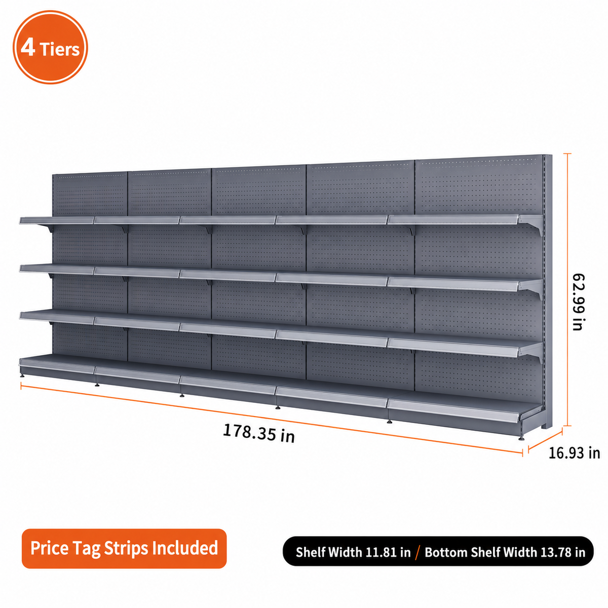 Black gray four-tier wall gondola shelving, 178.35-inch-wide dimension diagram