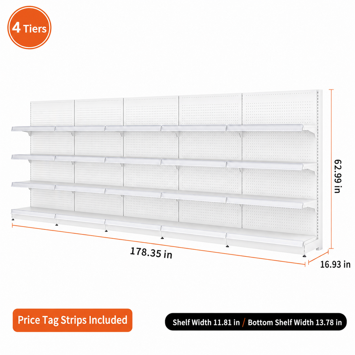 White four-tier pegboard wall shelving, 178.35-inch-wide dimension diagram