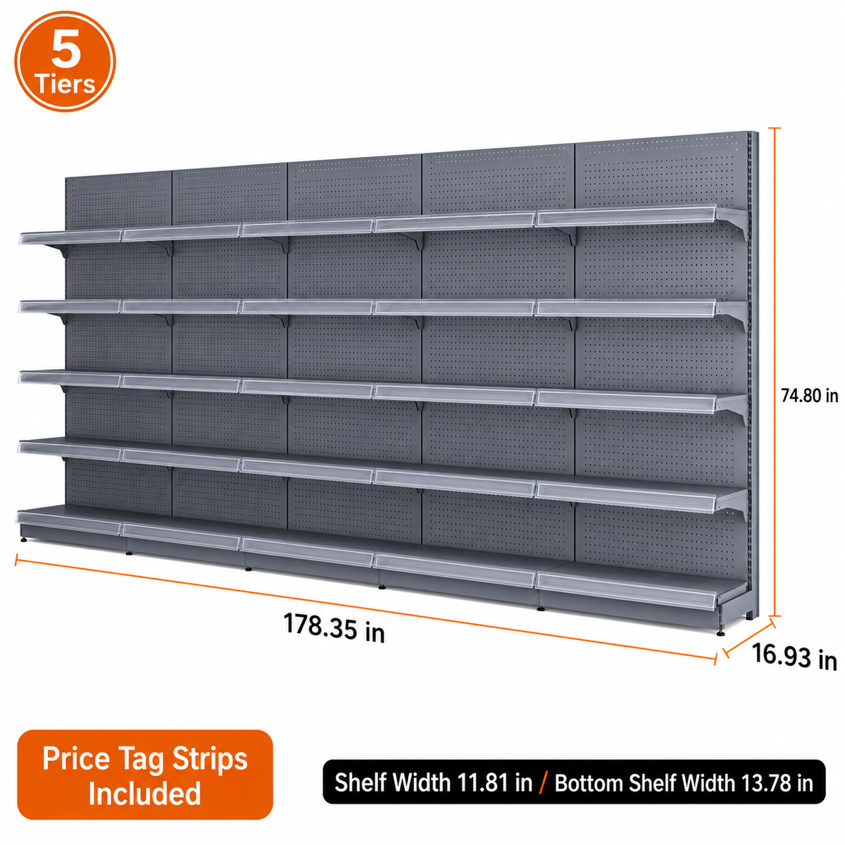 Black gray five-tier wall gondola shelving, 178.35-inch-wide dimension diagram