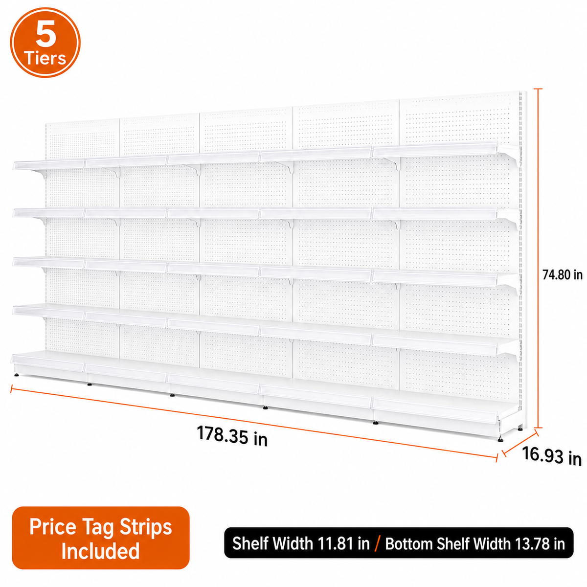 White five-tier pegboard wall shelving, 178.35-inch-wide dimension diagram