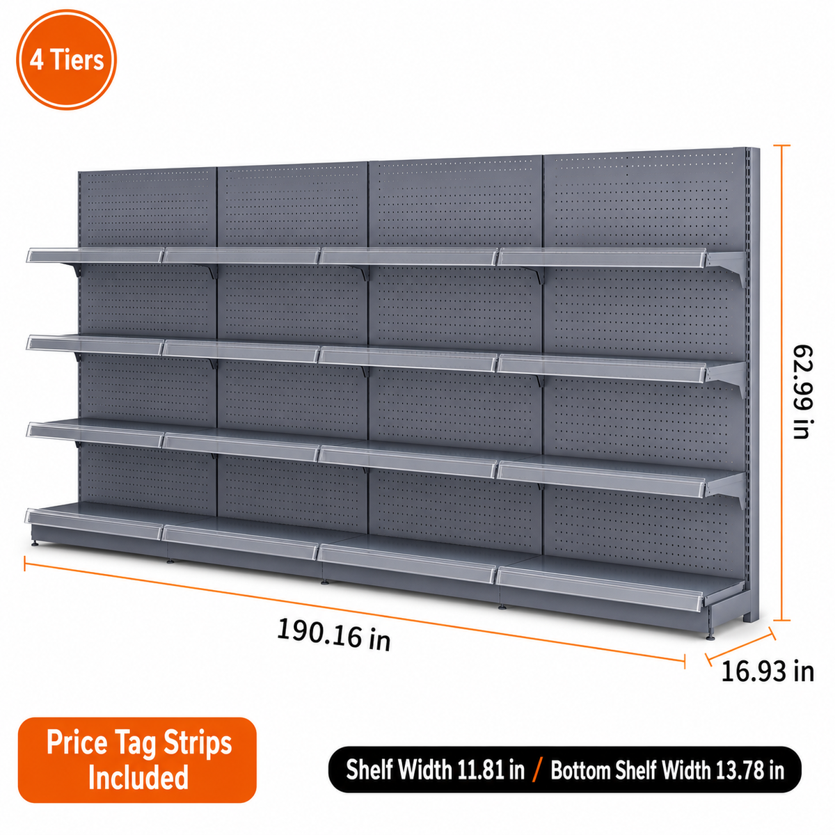 Black gray four-tier wall gondola shelving, 190.16-inch-wide dimension diagram