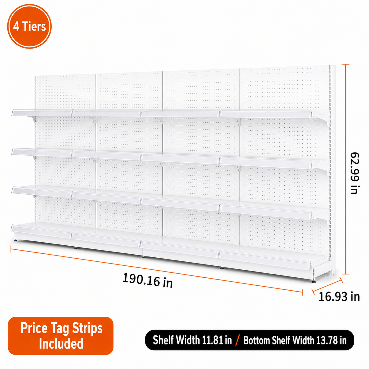 White four-tier pegboard wall shelving, 190.16-inch-wide dimension diagram