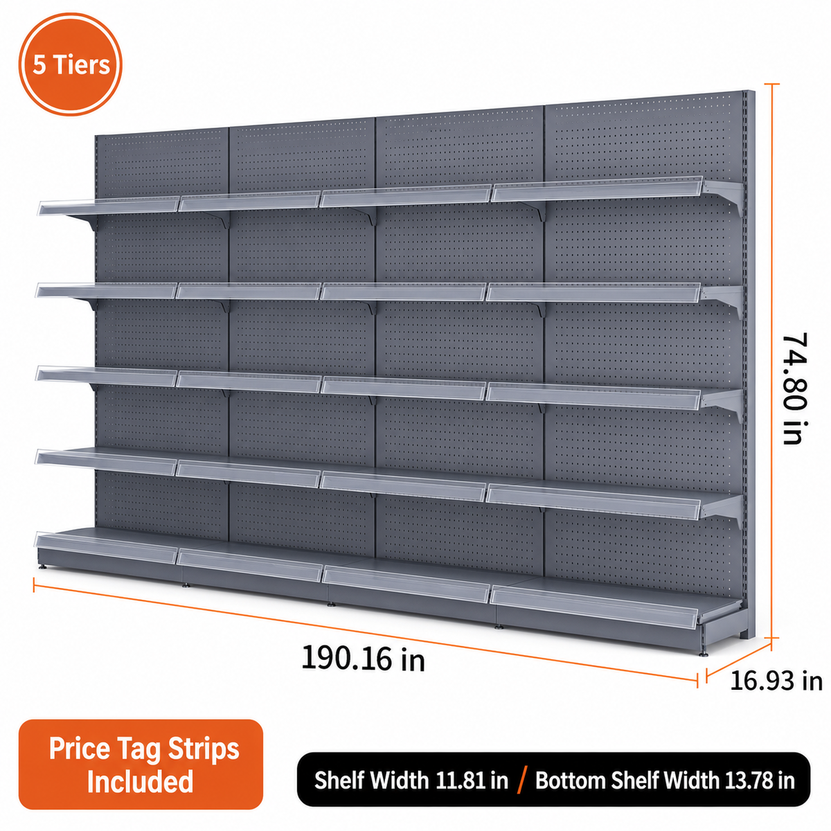 Black gray five-tier wall gondola shelving, 190.16-inch-wide dimension diagram