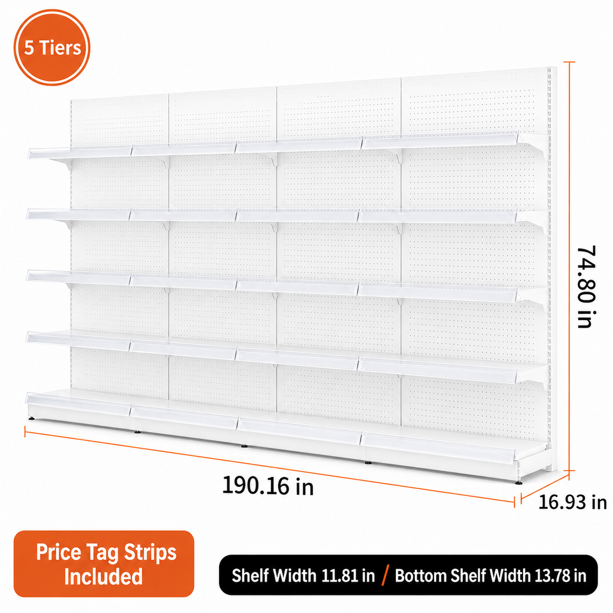 White five-tier pegboard wall shelving, 190.16-inch-wide dimension diagram