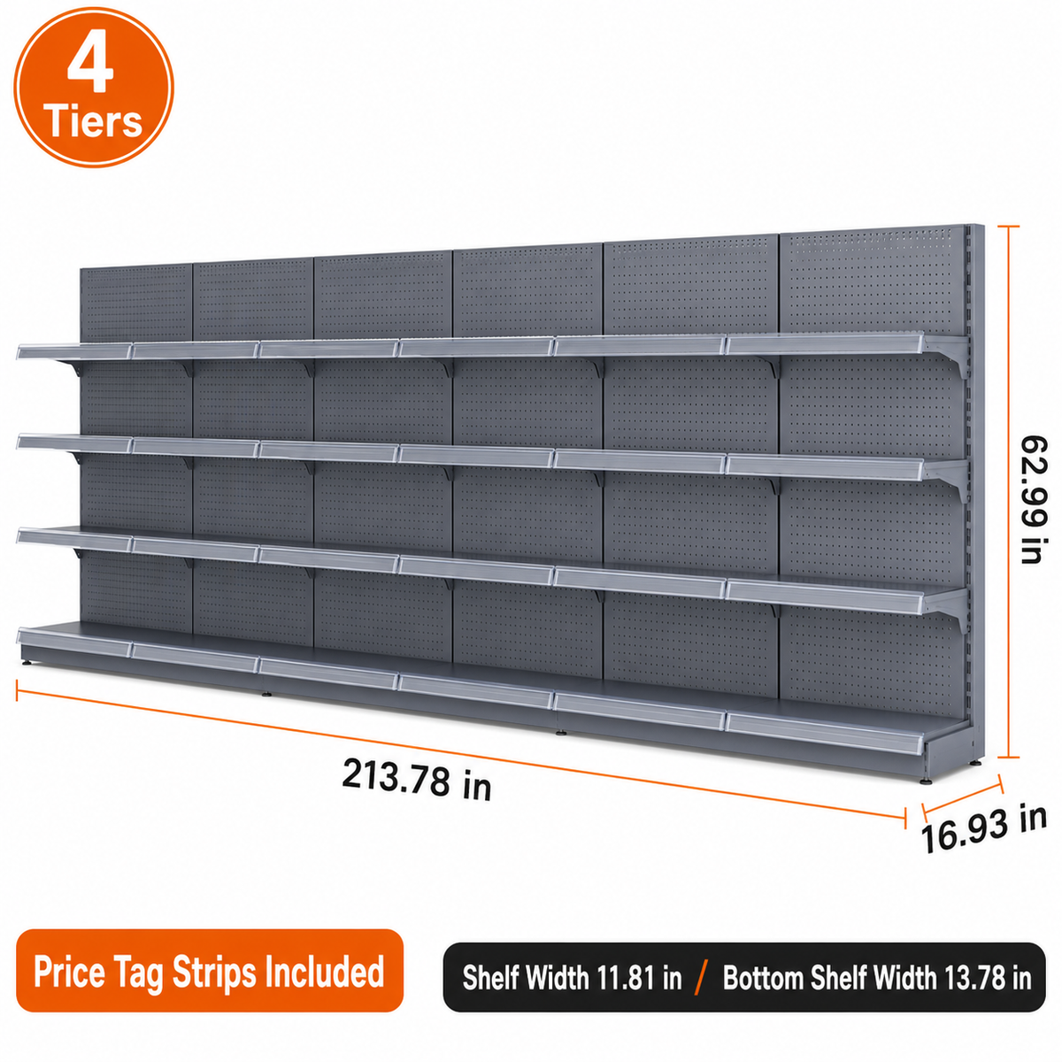 Black gray four-tier wall gondola shelving, 213.78-inch-wide dimension diagram