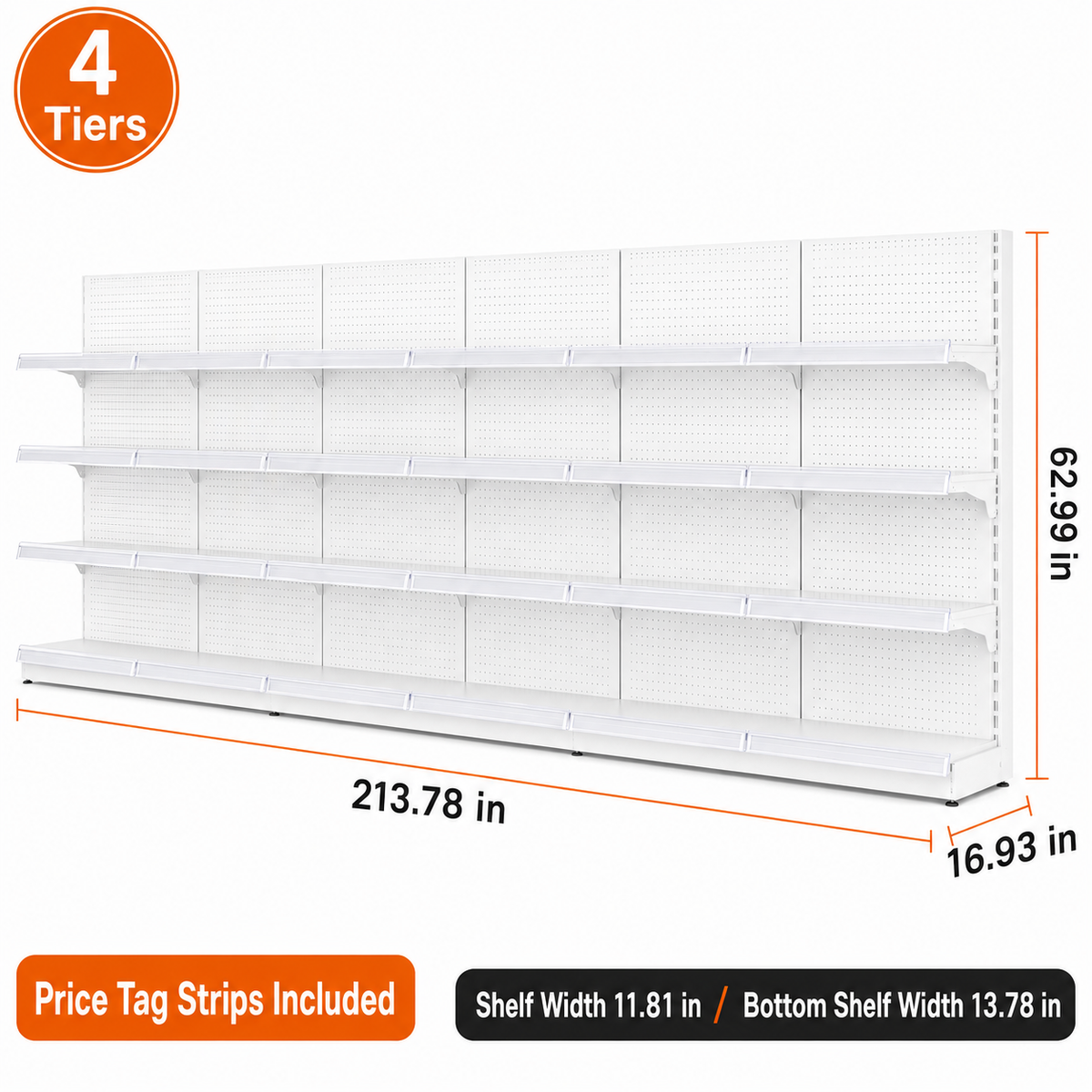White four-tier pegboard wall shelving, 213.78-inch-wide dimension diagram