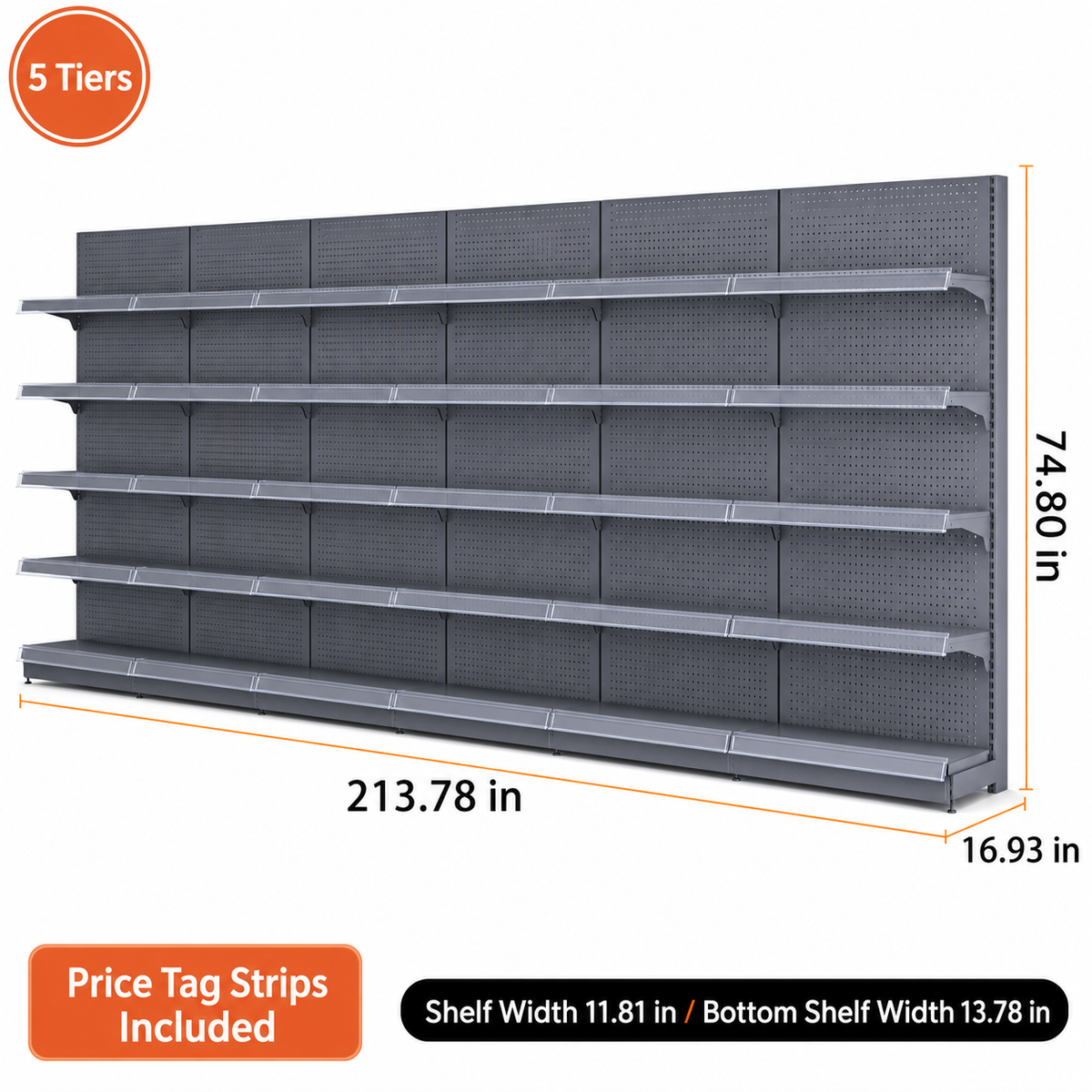 Black gray five-tier wall gondola shelving, 213.78-inch-wide dimension diagram