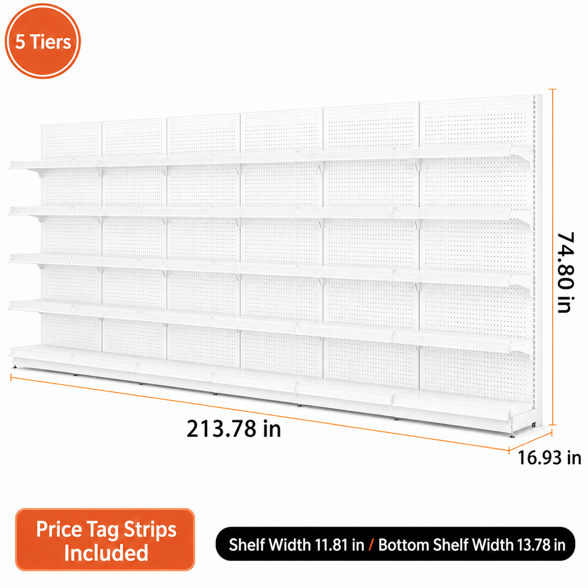 White five-tier pegboard wall shelving, 213.78-inch-wide dimension diagram