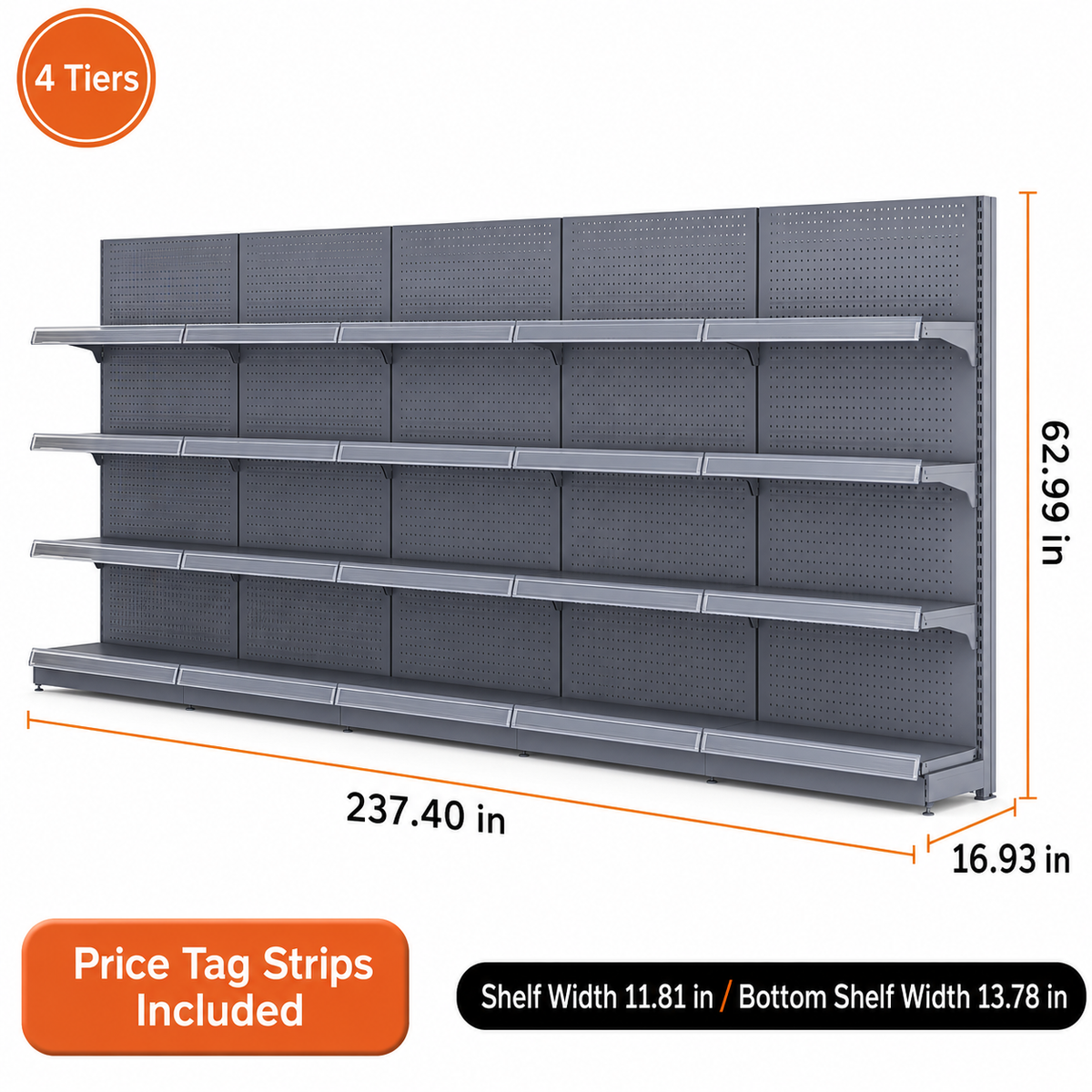 Black gray four-tier wall gondola shelving, 237.4-inch-wide dimension diagram