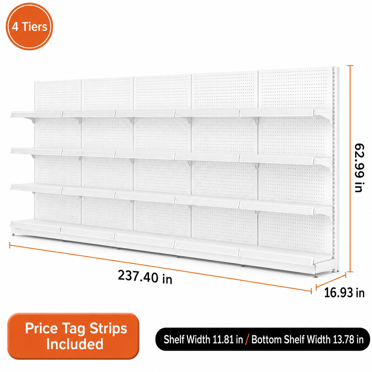 White four-tier pegboard wall shelving, 237.4-inch-wide dimension diagram