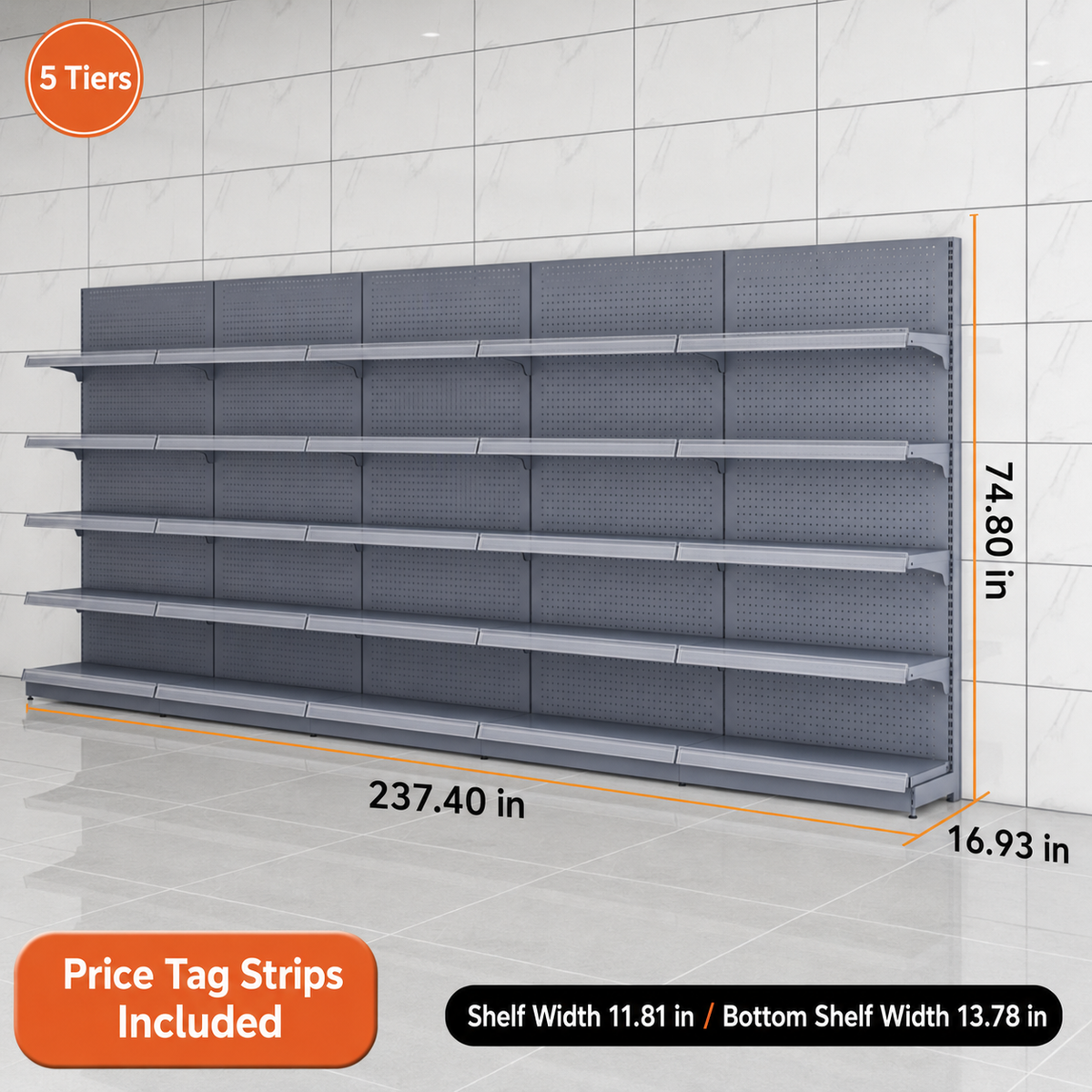 Black gray five-tier wall gondola shelving, 237.4-inch-wide dimension diagram