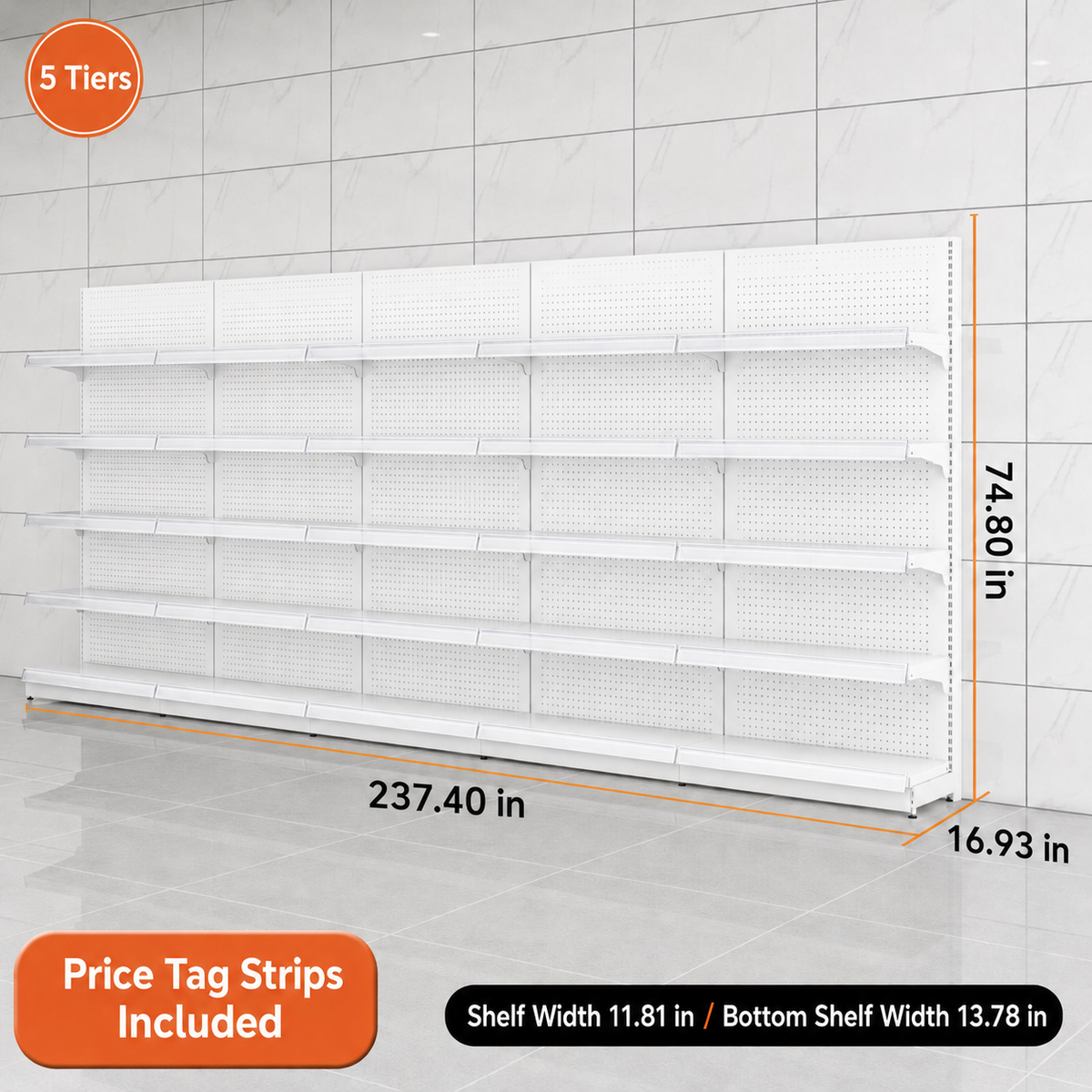 White five-tier pegboard wall shelving, 237.4-inch-wide dimension diagram