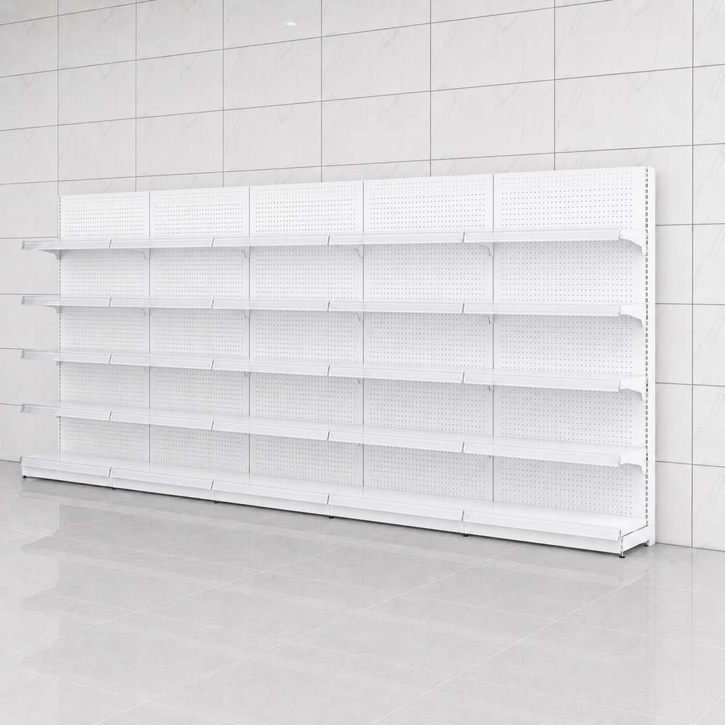 White Pegboard Retail Gondola Shelving Unit, Double Sided Grocery Convenience Store Display Rack