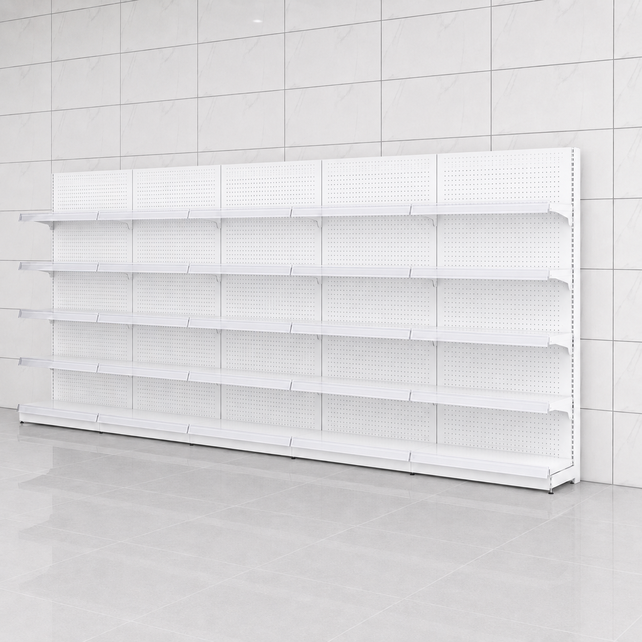 White Pegboard Retail Gondola Shelving Unit, Double Sided Grocery Convenience Store Display Rack