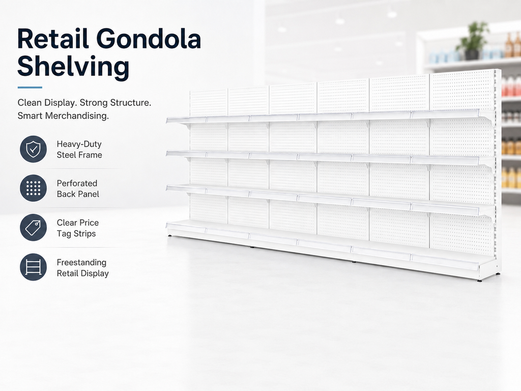 White Pegboard Retail Gondola Shelving Unit, Double Sided Grocery Convenience Store Display Rack
