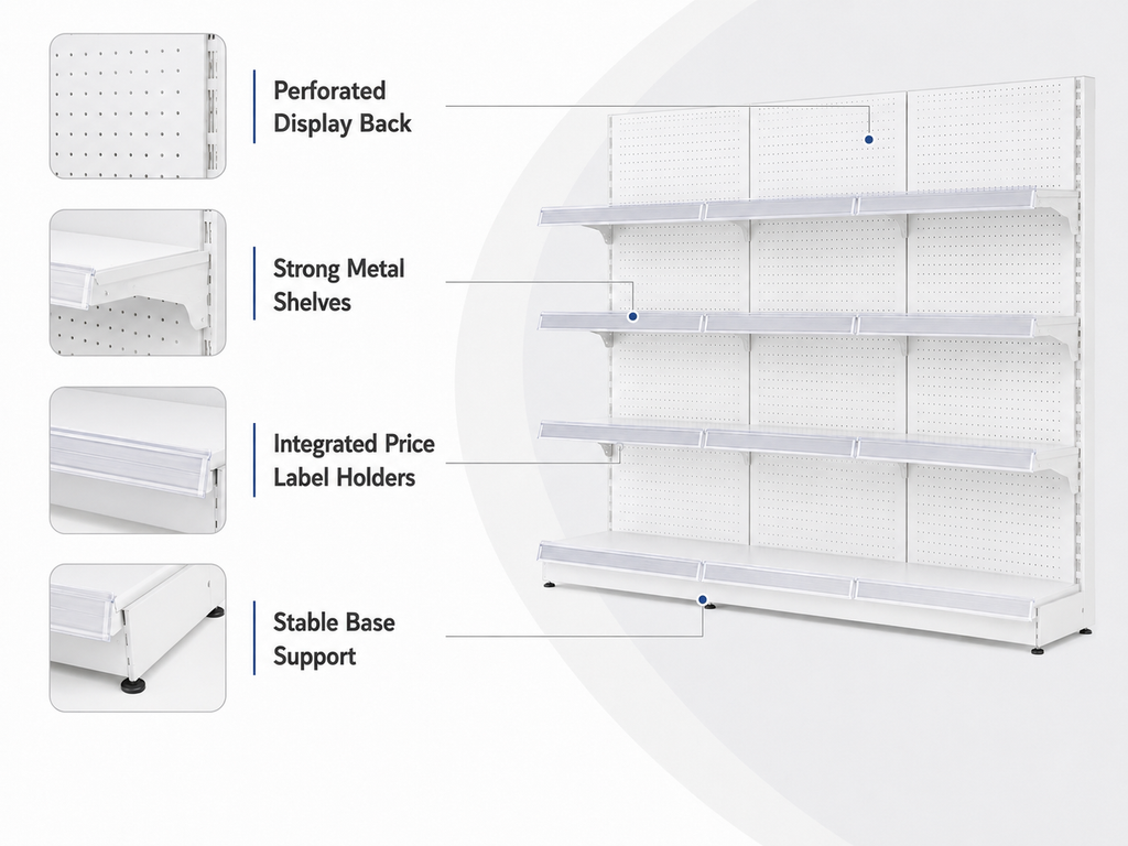 White Pegboard Retail Gondola Shelving Unit, Double Sided Grocery Convenience Store Display Rack