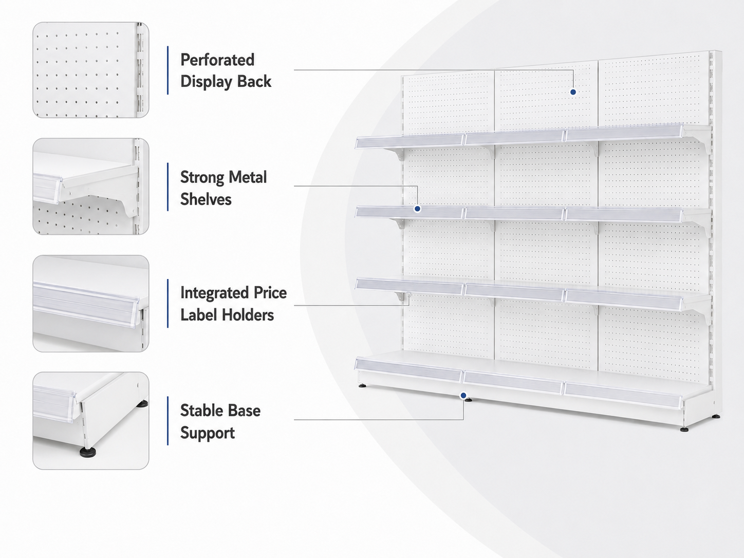 White Pegboard Retail Gondola Shelving Unit, Double Sided Grocery Convenience Store Display Rack