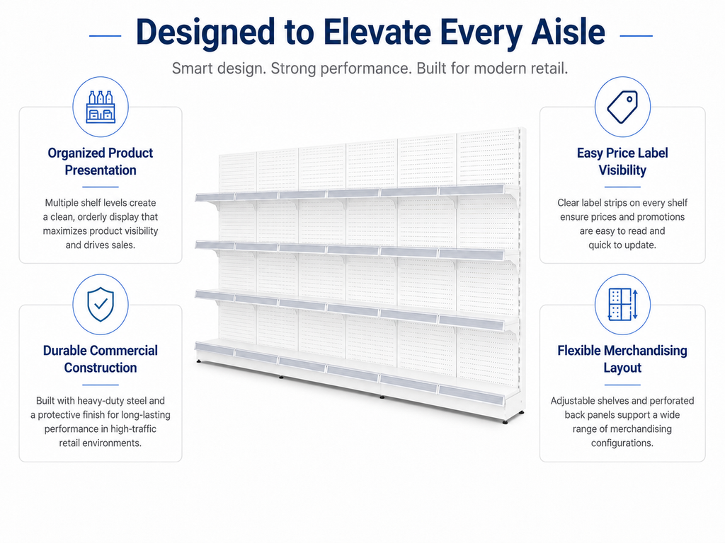 White Pegboard Retail Gondola Shelving Unit, Double Sided Grocery Convenience Store Display Rack