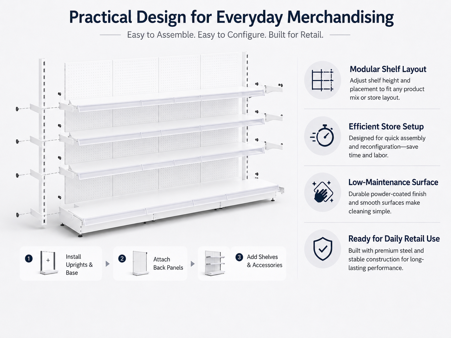 White Pegboard Retail Gondola Shelving Unit, Double Sided Grocery Convenience Store Display Rack