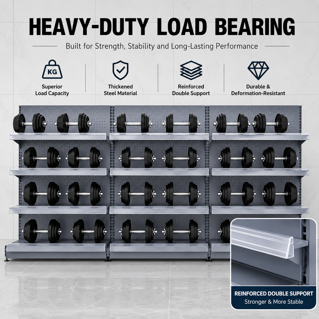 Black Gray Pegboard Retail Gondola Shelving Unit, Double Sided Grocery Convenience Store Display Rack