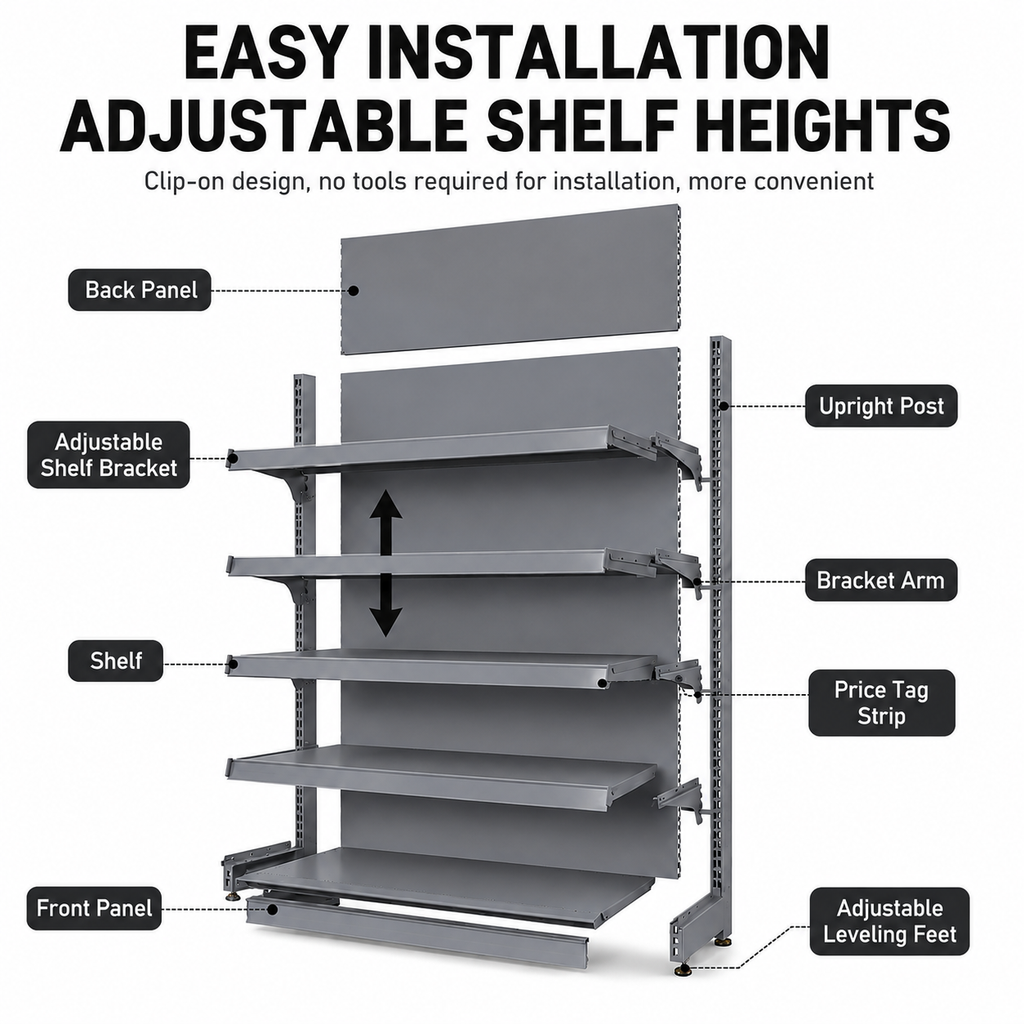 Black Gray Pegboard Retail Gondola Shelving Unit, Double Sided Grocery Convenience Store Display Rack