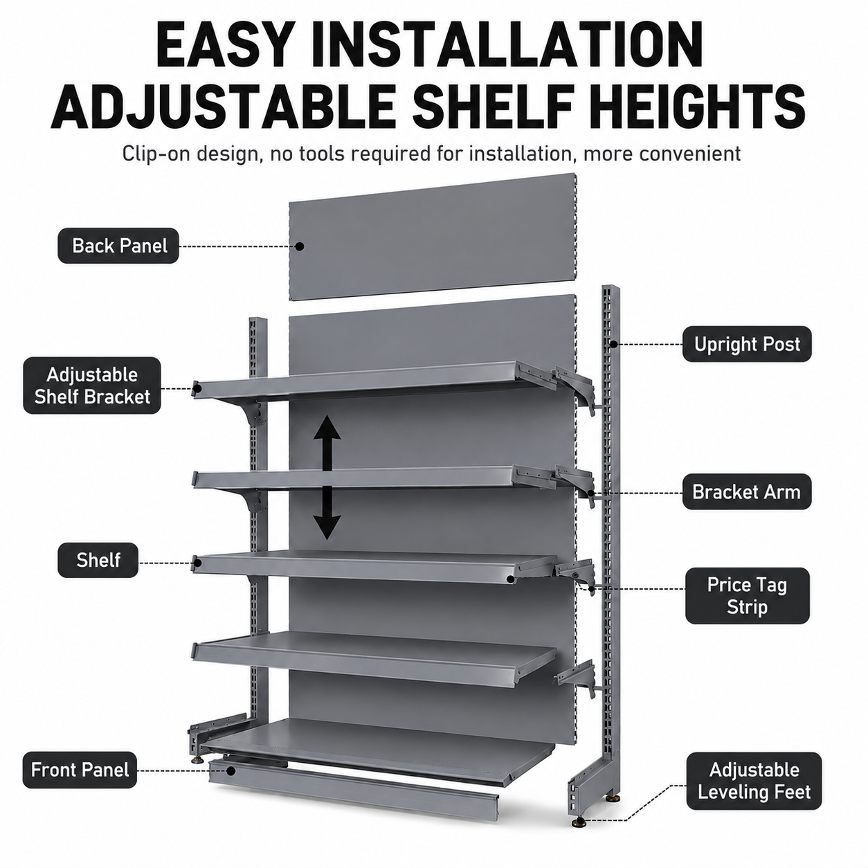 Black Gray Pegboard Retail Gondola Shelving Unit, Double Sided Grocery Convenience Store Display Rack