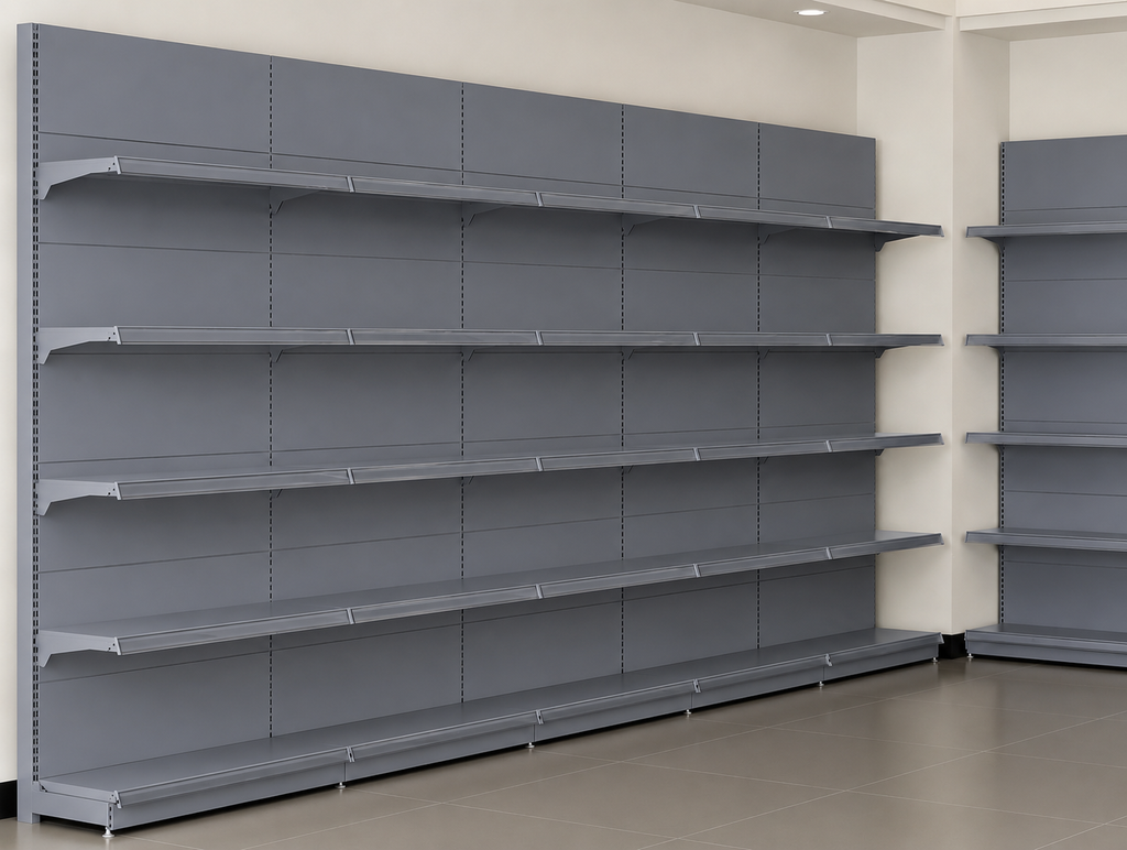 Black Gray Pegboard Retail Gondola Shelving Unit, Double Sided Grocery Convenience Store Display Rack