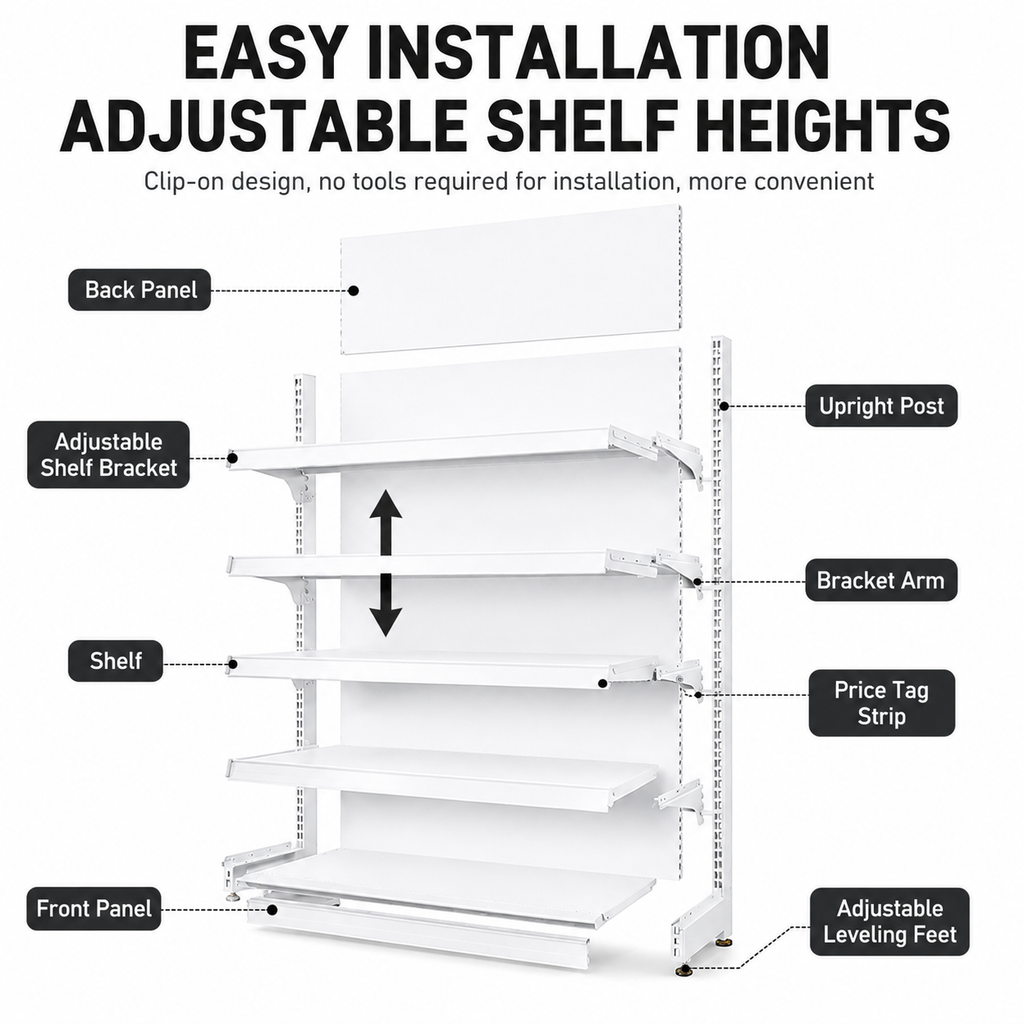 White Pegboard Retail Gondola Shelving Unit, Double Sided Grocery Convenience Store Display Rack