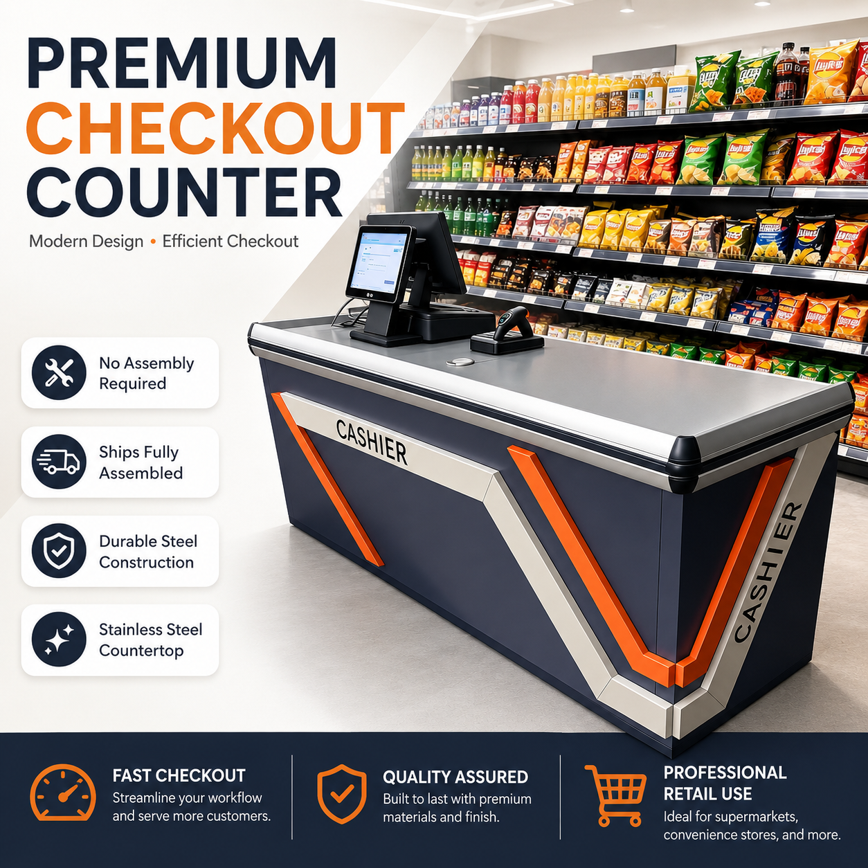 Premium Supermarket Checkout Counter, Fully Assembled Commercial Cashier Station with Stainless Steel Countertop for Grocery & Convenience Store
