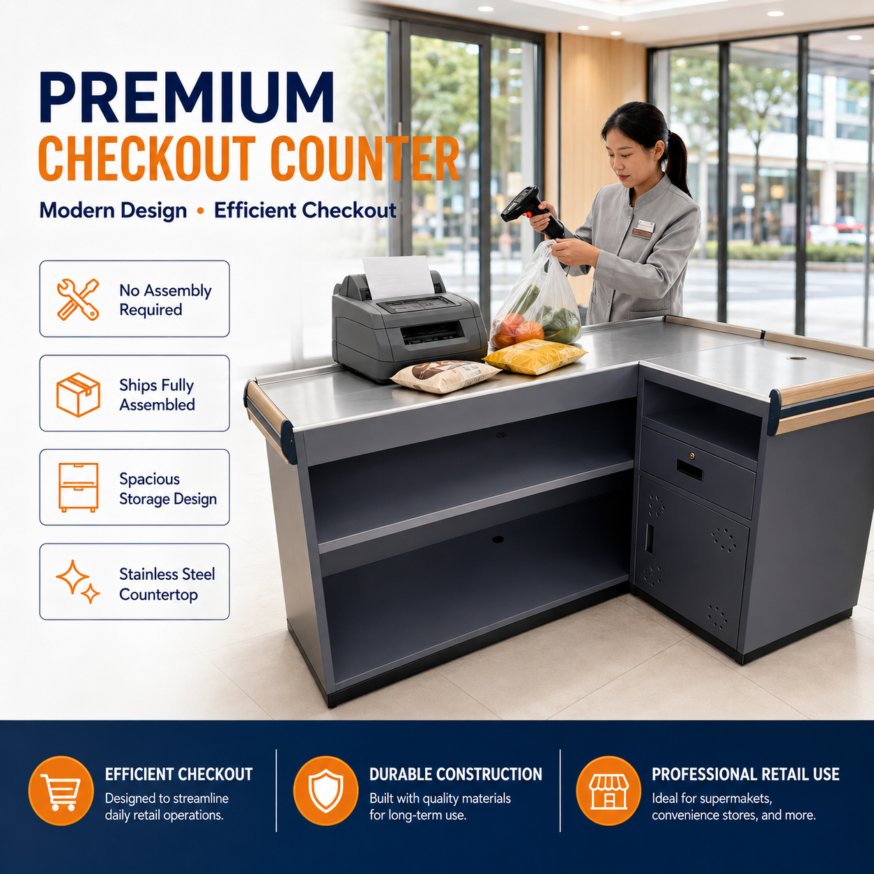 Premium Supermarket Checkout Counter, Fully Assembled Commercial Cashier Station with Stainless Steel Countertop for Grocery & Convenience Store