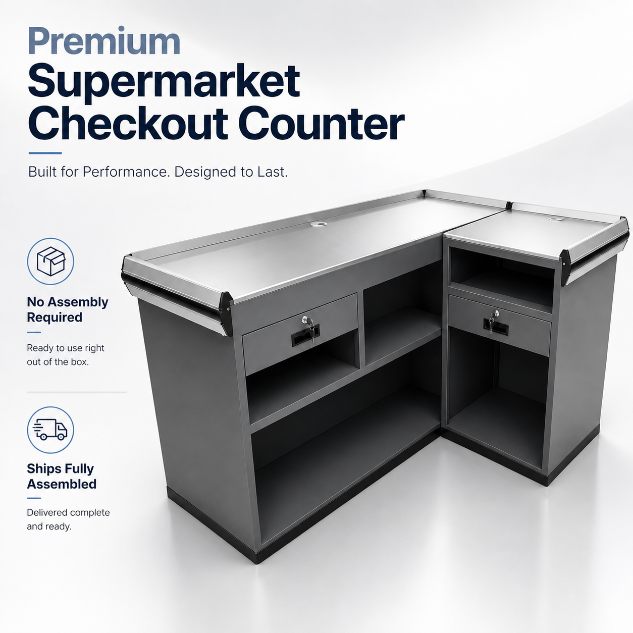 Premium Supermarket Checkout Counter, Fully Assembled Commercial Cashier Station with Stainless Steel Countertop for Grocery & Convenience Store