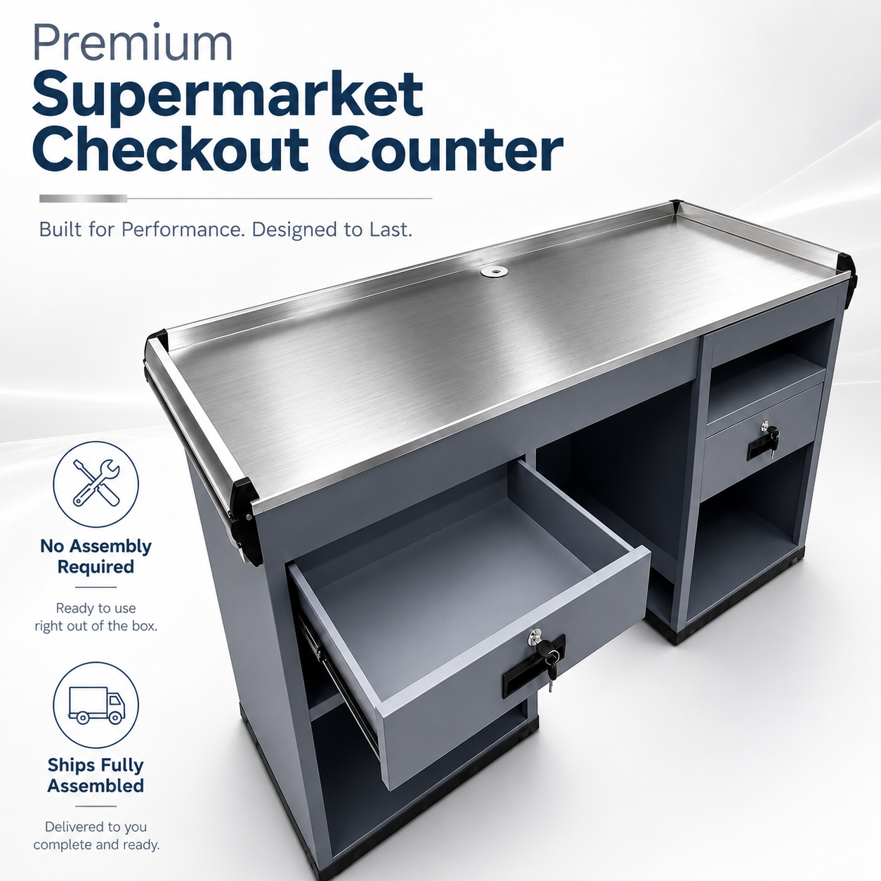 Premium Supermarket Checkout Counter, Fully Assembled Commercial Cashier Station with Stainless Steel Countertop for Grocery & Convenience Store