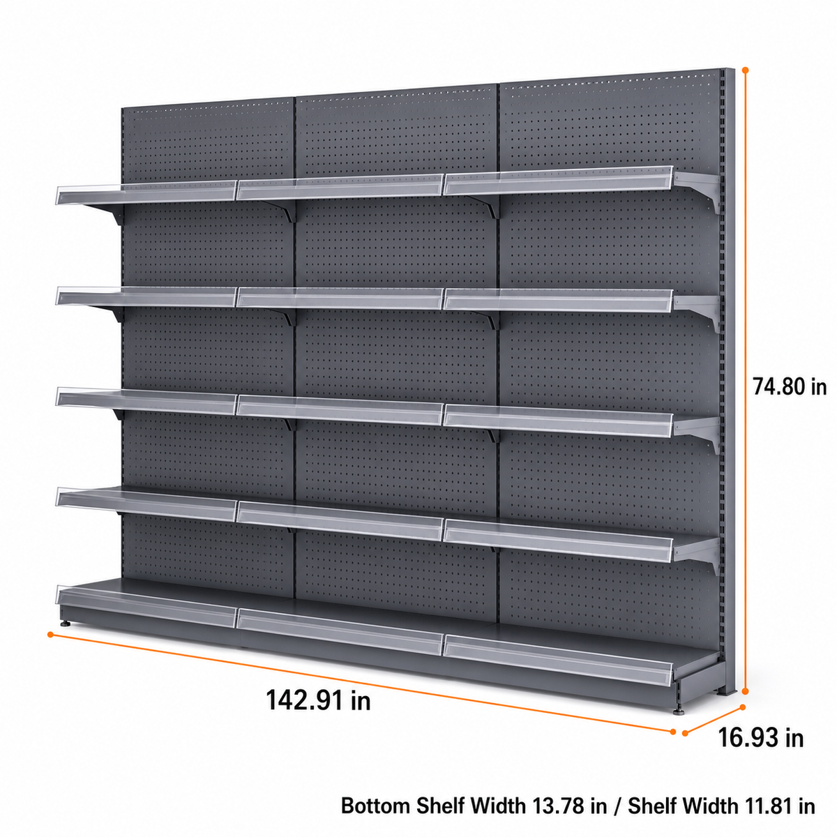 Black gray five-tier wall gondola shelving, 142.91-inch-wide dimension diagram
