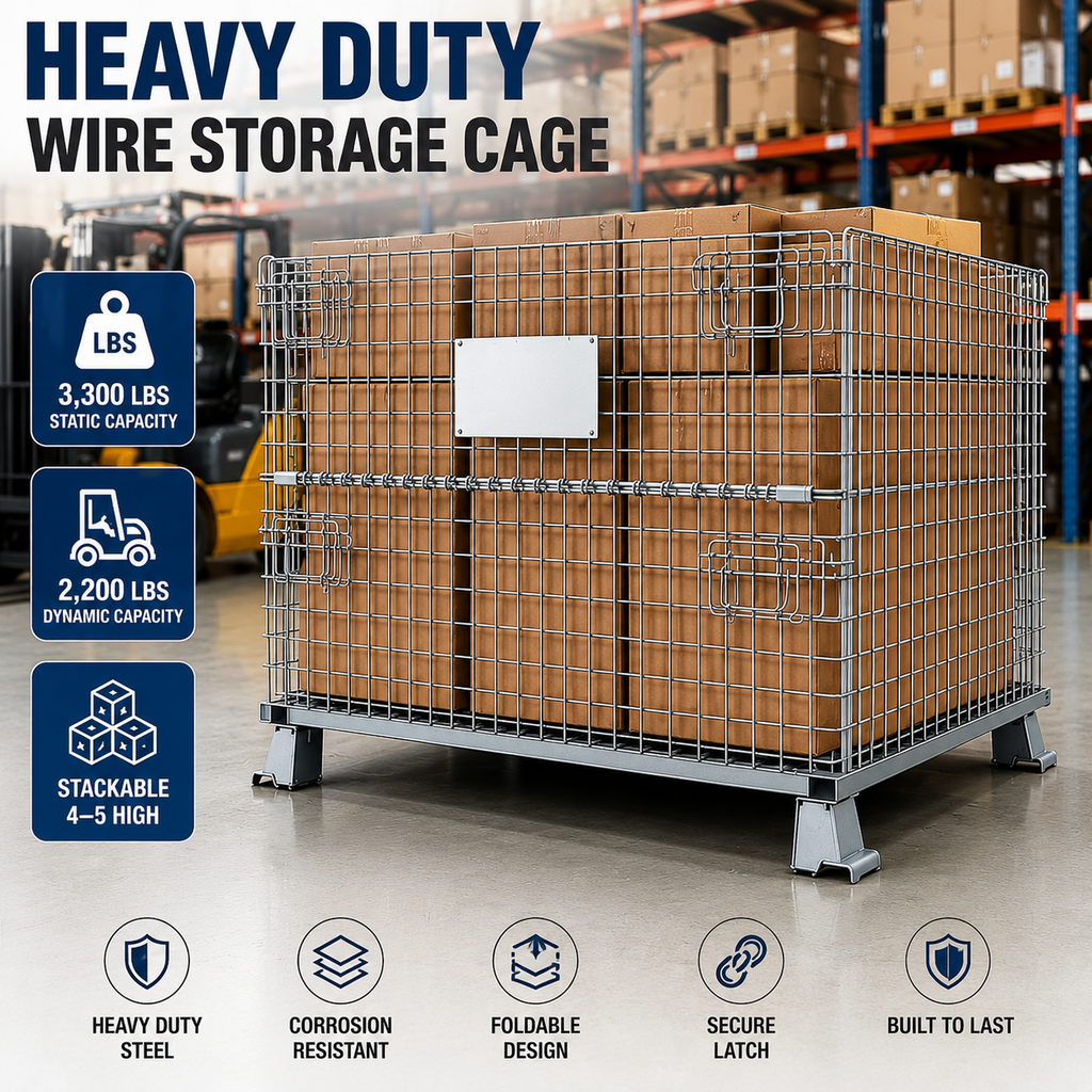 Collapsible Galvanized Wire Mesh Container | Stackable Metal Storage Stillage Cage Warehouse Pallet Bin with Front Gate