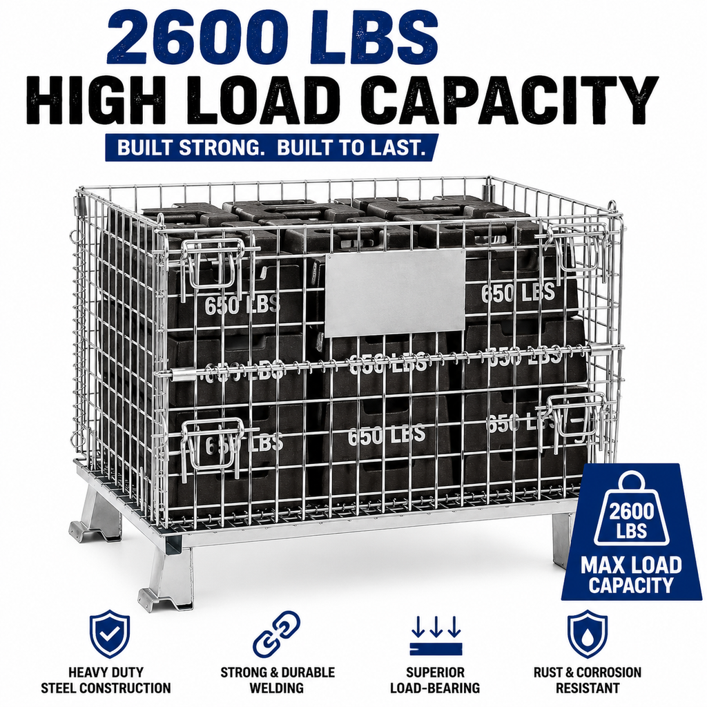 Collapsible Galvanized Wire Mesh Container | Stackable Metal Storage Stillage Cage Warehouse Pallet Bin with Front Gate
